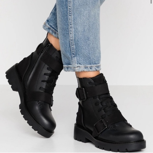 UGG Noe Black Leather Buckle Combat Boot 6.5